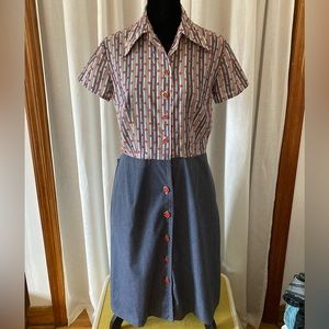 Vintage 70s Saks Fifth Avenue Denim Chambray Polka Dot and Striped Shirt Dress